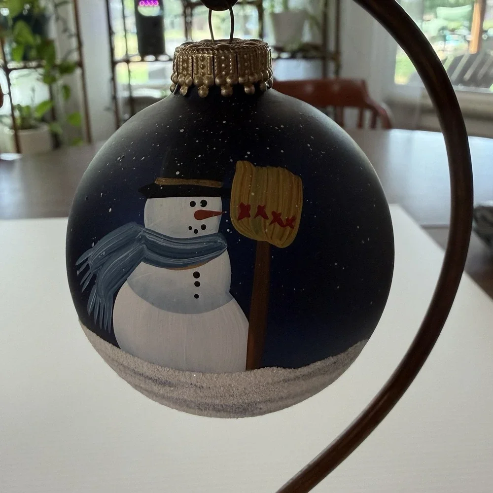 2000 Hand Painted Snowman Christmas Ornament Blue Winter Holiday
